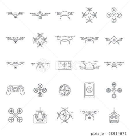Drone delivery camera quadcopter icons set. Outline illustration of 25 drone delivery camera quadcopter vector icons for web 98914671