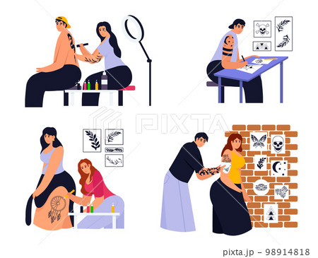 Tattoo artists work process from designing, drawing to tattooing with needle machine. Tattooist with equipment and client in salon. Vector set 98914818