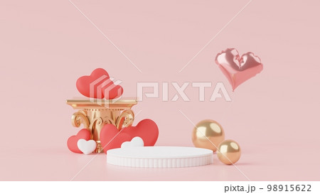 Happy Valentines Day. Minimal sweet love scene with display podium for mock up and product brand presentation. Pink Pedestal stand. Cute lovely heart background. Love day's design style. 3D render. 98915622