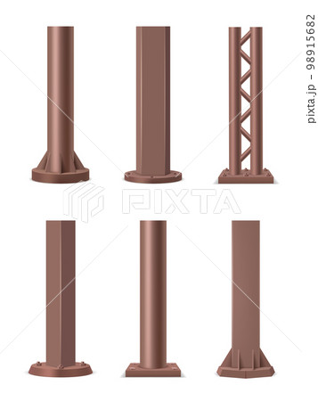 Steel pipes. Realistic ads street steel columns decent vector illustrations set 98915682