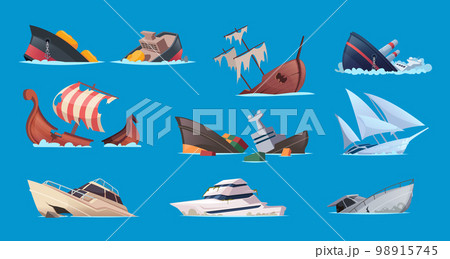 Broken sailor boats. Crash accident in sea damaged ships and brigantines exact vector cartoon collection 98915745