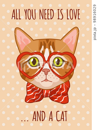 Cats card. Funny phrase, cute kitty in glasses, animal stylish portrait and lettering, meow poster or print for t-shirt or notebook, comic adorable pet, vector cartoon flat illustration 98916029