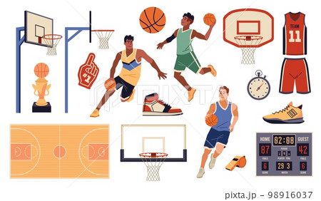 Basketball elements. Cartoon sport objects and group of players in uniforms and sneakers, playing field, ball, basket and electronic scoreboard, professional championship, tidy vector set 98916037