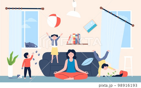 Calm mom and mischievous kids in room. Children jumping and running, doing chaos in home. Mother meditate, family game time recent vector scene 98916193