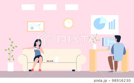 Couple daily routine. Work on computer and chilling on sofa with coffee. Man and woman at home spend time, freelancer vector character 98916230