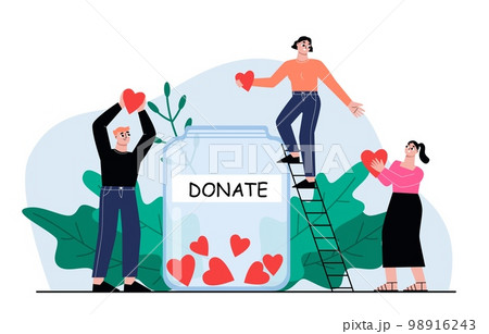 Donation concept, donat financial and hearts, support or helping. Charity people hold hearts, humanism volunteer community sapid vector scene 98916243