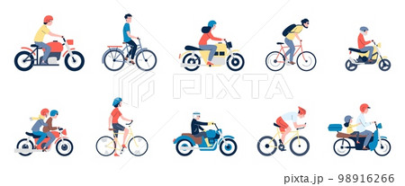 Flat motorcyclist characters. Riding bike and motorcycle, man ride motorbike in helmet. Modern scooter, different people drivers recent vector set 98916266