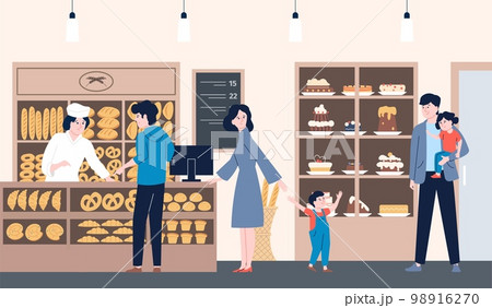 Bakery shop waiting line. Counter with bread and cakes, boulangerie food. People buy diverse pastry. Supermarket with sweets, kids with parents in store, recent vector scene 98916270