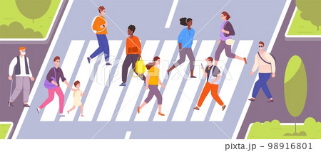 Crowd crossing road. People goes on crosswalk or path zebra, pedestrians traffic downtown city life students with smartphone safety cross road sidewalk splendid vector illustration 98916801