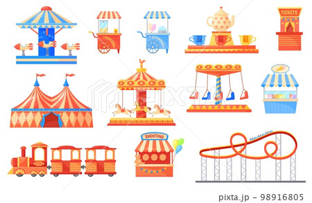 Funfair carousels. Amusement park on fairground with horse carousel, fun fair rides and roller coaster carnival circus tent, kid train fantasy playground, neat vector illustration Funfair carousels. Amusement park on fairground with horse carousel, fun fair rides and roller coaster carnival circus tent, kid train fantasy playground, neat vector illustration 98916805