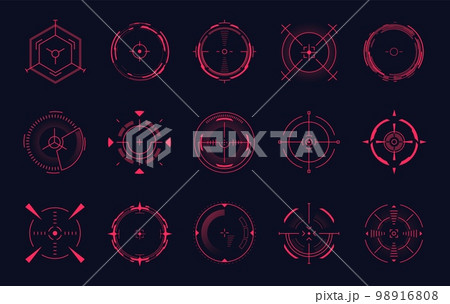 Red dot sights. Weapon aim hud crosshairs sniper accuracy, circle goal thermal telescope, bullseye gun scopes rifle sighting, sport military shooting dots mark vector illustration 98916808