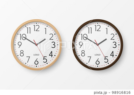 Vector 3d Realistic Simple Round Brown Wooden Wall Office Clock with White Dial Icon Set Closeup Isolated on White Background. Design Template, Mock-up for Branding, Advertise. Front or Top View Vector 3d Realistic Simple Round Brown Wooden Wall Office Clock with White Dial Icon Set Closeup Isolated on White Background. Design Template, Mock-up for Branding, Advertise. Front or Top View 98916816