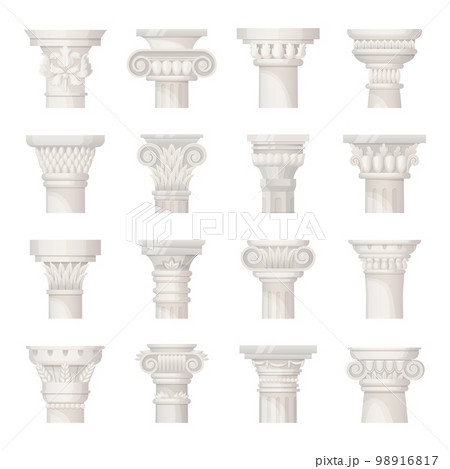 Top of column. Corinthian doric greek rome capital pillars, columns of indian temple or antique castle classic architecture marble pillars railing set ingenious vector illustration 98916817