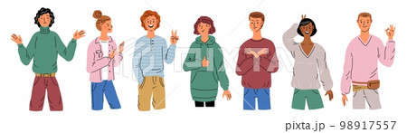 People with gestures. Guys and girls speak with arm signs. Emotional students gesticulating. Greeting symbols. Approval or rejection. Standing persons showing hands. Garish vector set 98917557