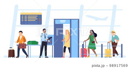 Passengers and tourists pass through gates with detectors at airport. Security guard scanning baggage. Men and women waiting in queue. Airline transportation safety. Vector concept 98917569