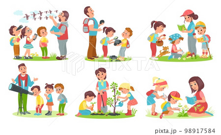 Kids learn nature. Young naturalists discover world with teachers. Practical outdoor activities. Mentors and students. People planting trees and studying animals. Splendid vector set Kids learn nature. Young naturalists discover world with teachers. Practical outdoor activities. Mentors and students. People planting trees and studying animals. Splendid vector set 98917584