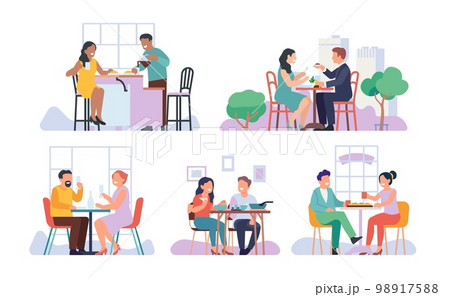 Joyful people eat food at home. Dinner in cafe and outdoor terrace. Men and women enjoying meals. Pizza and drinks. Breakfast in kitchen. Romantic dating. Couples taking lunch vector set 98917588