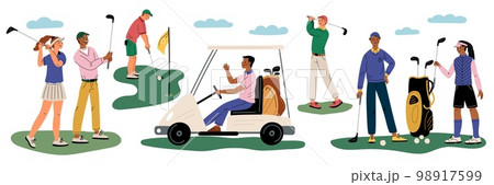 Golf players. People play with golfing club and ball. Cartoon golfers characters. Different game accessories. Sticks bag and car. Sport competition. Athletic poses. Garish vector set 98917599