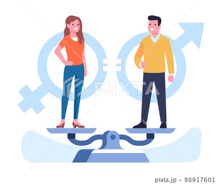 Gender equality between men and women. People standing on weight scales. Equal rights or discrimination. Opportunities comparison. Feminine and masculine equilibrium. Vector concept Gender equality between men and women. People standing on weight scales. Equal rights or discrimination. Opportunities comparison. Feminine and masculine equilibrium. Vector concept 98917601