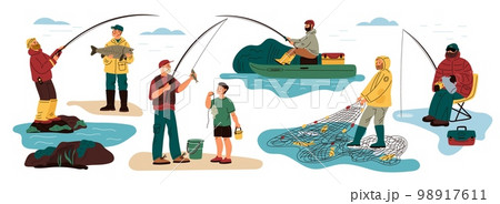 Funny fisherman characters. Men on winter and summer fishing. Angling with rods and net. Male catching fish on inflatable boat or from shore. Father and son leisure. Garish vector set Funny fisherman characters. Men on winter and summer fishing. Angling with rods and net. Male catching fish on inflatable boat or from shore. Father and son leisure. Garish vector set 98917611