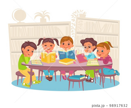 Cute children in library. Students sitting at table in reading room. Boys and girls with open books. Kids education. Elementary school classroom. Literature study. Splendid vector concept Cute children in library. Students sitting at table in reading room. Boys and girls with open books. Kids education. Elementary school classroom. Literature study. Splendid vector concept 98917632