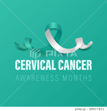 Cervical Cancer Banner, Card, Placard with Vector 3d Realistic Teal and White Ribbon on Teal Background. Cervical Cancer Awareness Month Symbol Closeup. World Cervical Cancer Day Concept 98917831