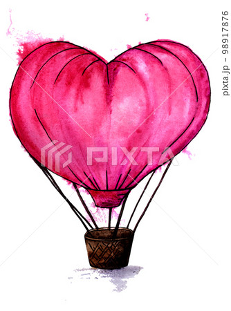 Pink Splash Heart Hot Air Balloon. Hand Drawn Illustration. Wedding Concept. Pink Splash Heart Hot Air Balloon. Hand Drawn Illustration. Wedding Concept. 98917876
