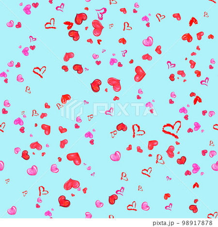 Hearts Pattern On Light Blue Background. Hand Drawn Seamless Illustration. Hearts Pattern On Light Blue Background. Hand Drawn Seamless Illustration. 98917878