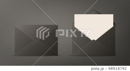 Vector Realistic Black Closed, Opened Envelopes with Letter Inside. Folded and Unfolded Black Envelope Icon, Mockup Set Closeup Isolated. Message, Alert, Congratulations, Surprise, Secret Concept 98918792