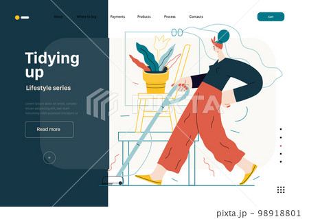 Lifestyle web template - Tidying up, housekeeping - modern flat vector illustration of a woman cleaning the floor with a vacuum cleaner. People activities concept 98918801