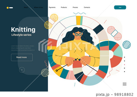 Lifestyle web template - Knitting - modern flat vector illustration of a woman wearing glasses knitting a long striped scarf with knitting needles. People activities concept Lifestyle web template - Knitting - modern flat vector illustration of a woman wearing glasses knitting a long striped scarf with knitting needles. People activities concept 98918802