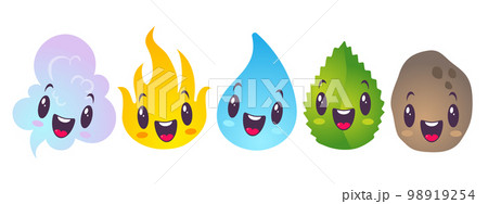 Water, fire, air, ground and plant. Vector illustration of nature elements in kawaii style. Water, fire, air, ground and plant. Vector illustration of nature elements in kawaii style. 98919254