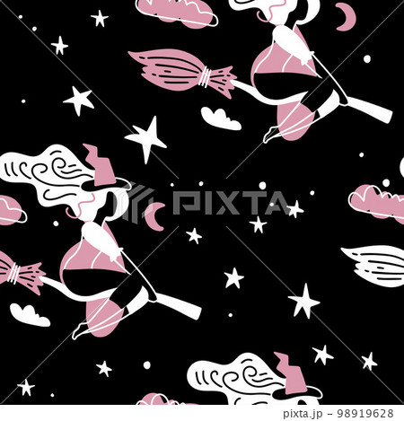 Cute young witch with broom fly on starry sky....のイラスト素材 [98919628] - PIXTA