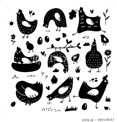 Clipart of chickens, hens, cocks, eggs in scandinavain simple style, black silhouette art. Elements for design cover food package, advertising banner, card. Clipart of chickens, hens, cocks, eggs in scandinavain simple style, black silhouette art. Elements for design cover food package, advertising banner, card. 98919697