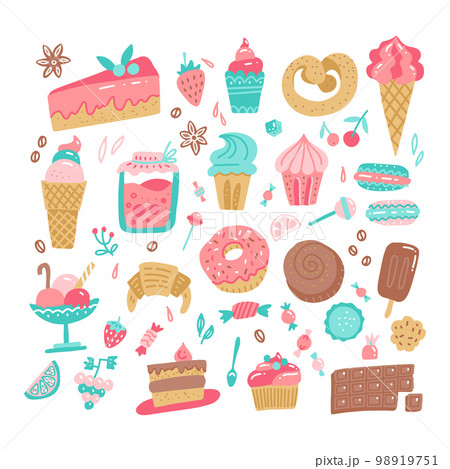 Set of various color doodles hand drawn rough simple sweets and candies illustration. Vector illustration isolated on white background 98919751
