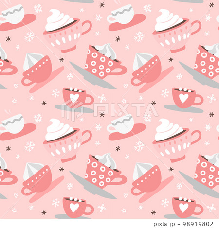 Seamless pattern with hand drawn pink Valentine's Day romantic cute cups, mugs, hearts, coffee, cocoa and more. Vector illustration background in pink and white colors 98919802
