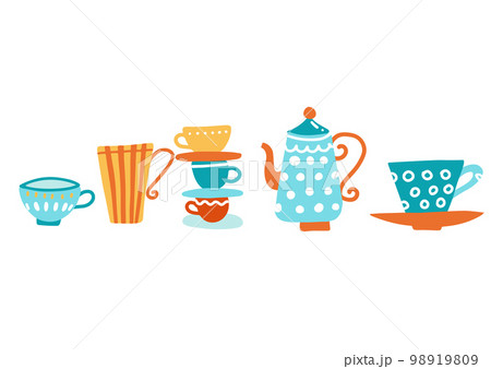 Ceramic teapot and many mugs and cups with a hot drink on white backgrounds. Flat cartoon colorful vector illustration in hygge style. Ceramic teapot and many mugs and cups with a hot drink on white backgrounds. Flat cartoon colorful vector illustration in hygge style. 98919809