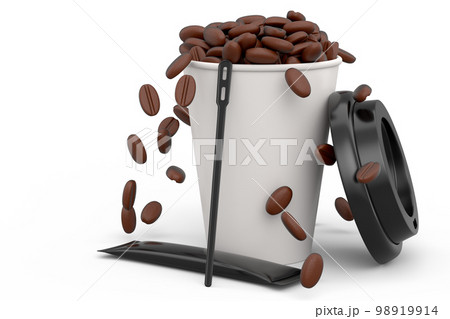Paper coffee cup with cover, sugar, coffee bean and stick for americano espresso 98919914
