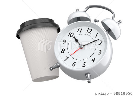 Vintage alarm clock with paper coffee cup on white background. 98919956