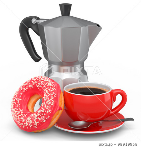 Italian geyser coffee maker and ceramic coffee cup with doughnut on white 98919958