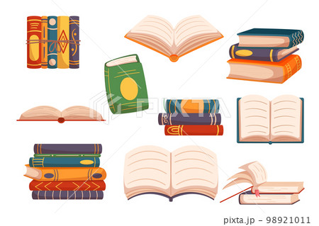 Set Of Books, Bestsellers, School Textbooks. Closed And Open Dictionaries With Colorful Covers And Bookmarks Set Of Books, Bestsellers, School Textbooks. Closed And Open Dictionaries With Colorful Covers And Bookmarks 98921011