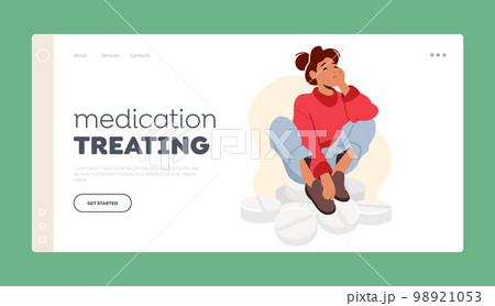 Medication Treating Landing Page Template. Woman Sit On Big Medicines Heap. Female Character Sitting On Pile of Tablets 98921053
