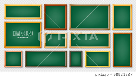 Realistic various chalkboards in a wooden frame. Green restaurant menu board. School blackboard, writing surface for text or drawing. Blank advertising or presentation boards. Vector illustration 98921237
