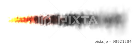 Realistic black smoke with fire, space rocket launch trail. Fire burst, explosion. Missile or bullet trace. Jet aircraft track. Smoke clouds, fog. Steam flow. Vector illustration 98921284