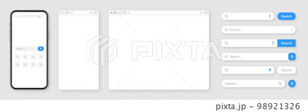 Smartphone, blank internet browser window with various search bar templates. Web site engine with search box, address bar and text field. UI design, website interface elements. Vector illustration Smartphone, blank internet browser window with various search bar templates. Web site engine with search box, address bar and text field. UI design, website interface elements. Vector illustration 98921326