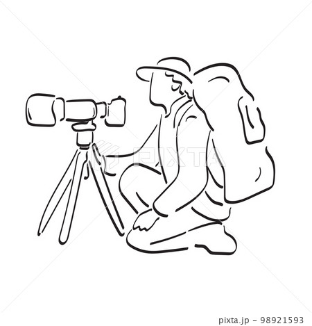 Professional travel photographer with camera big lens tripod illustration vector hand drawn isolated on white background line art. 98921593