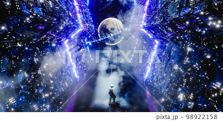 Astronaut in spaceship admiring moon with scifi ring. 3d render 98922158