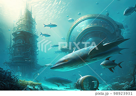 Fantasy Shark Underwater. Generative AI Stock Illustration