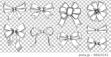 リボンの線画セット。手描きのベクターイラスト。ヴィンテージ風ラインアート。 98924141