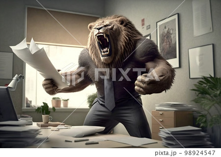 Man as lion is furious in office, mad strong boss with head of animal, generative AI 98924547